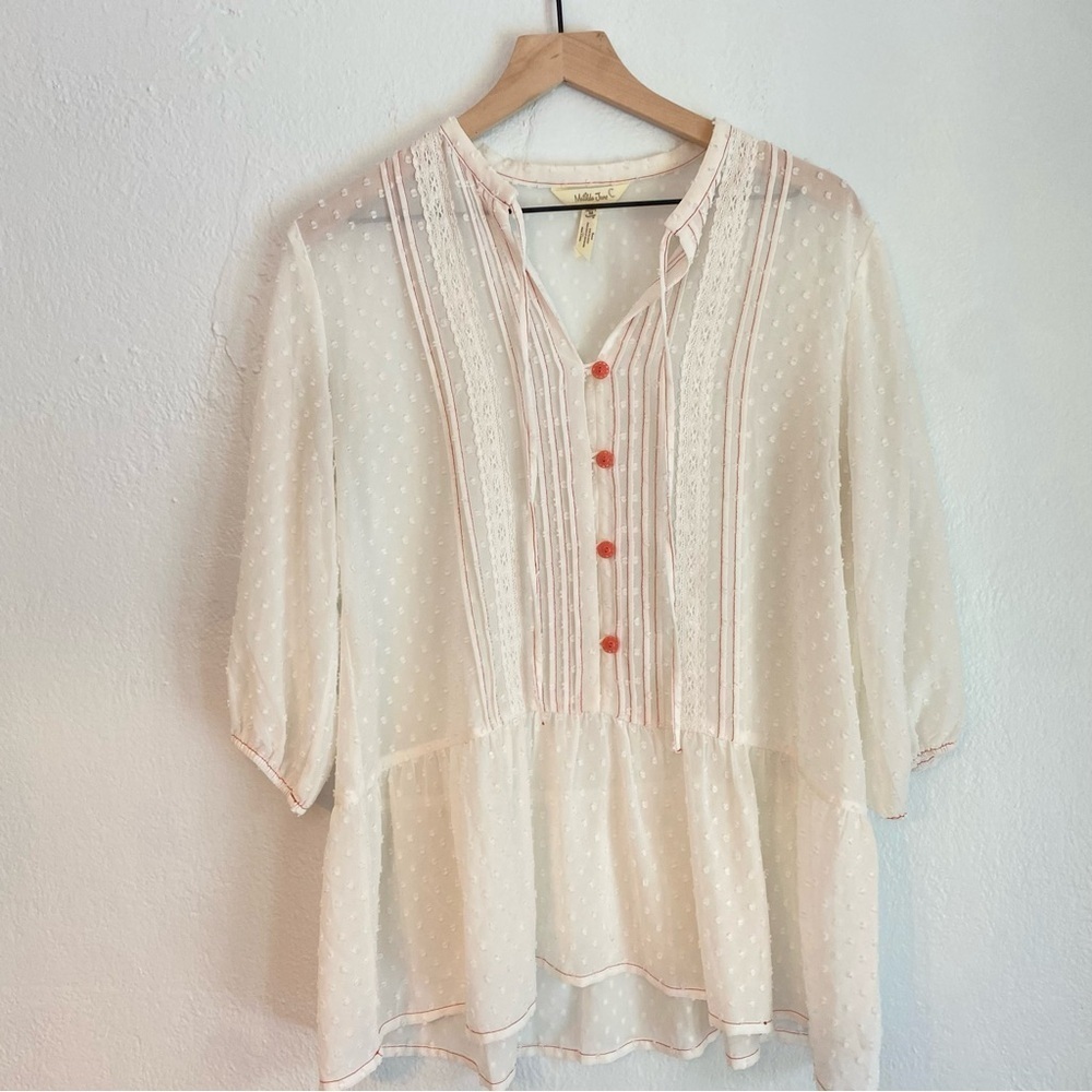 Matilda Jane Light The Way Tunic Top Ivory Swiss Dot Semi‎ Sheer Pintuck Pleats